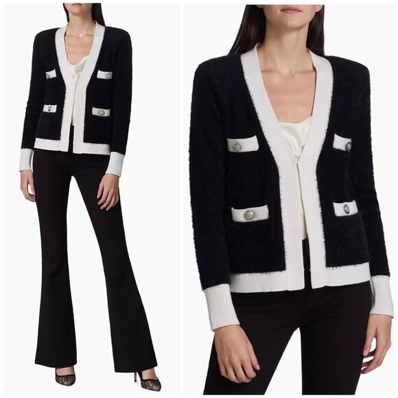 L'AGENCE Kai Wool Fuzzy Pocket Cardigan Color Block Black & White $495 Large - Picture 2 of 12